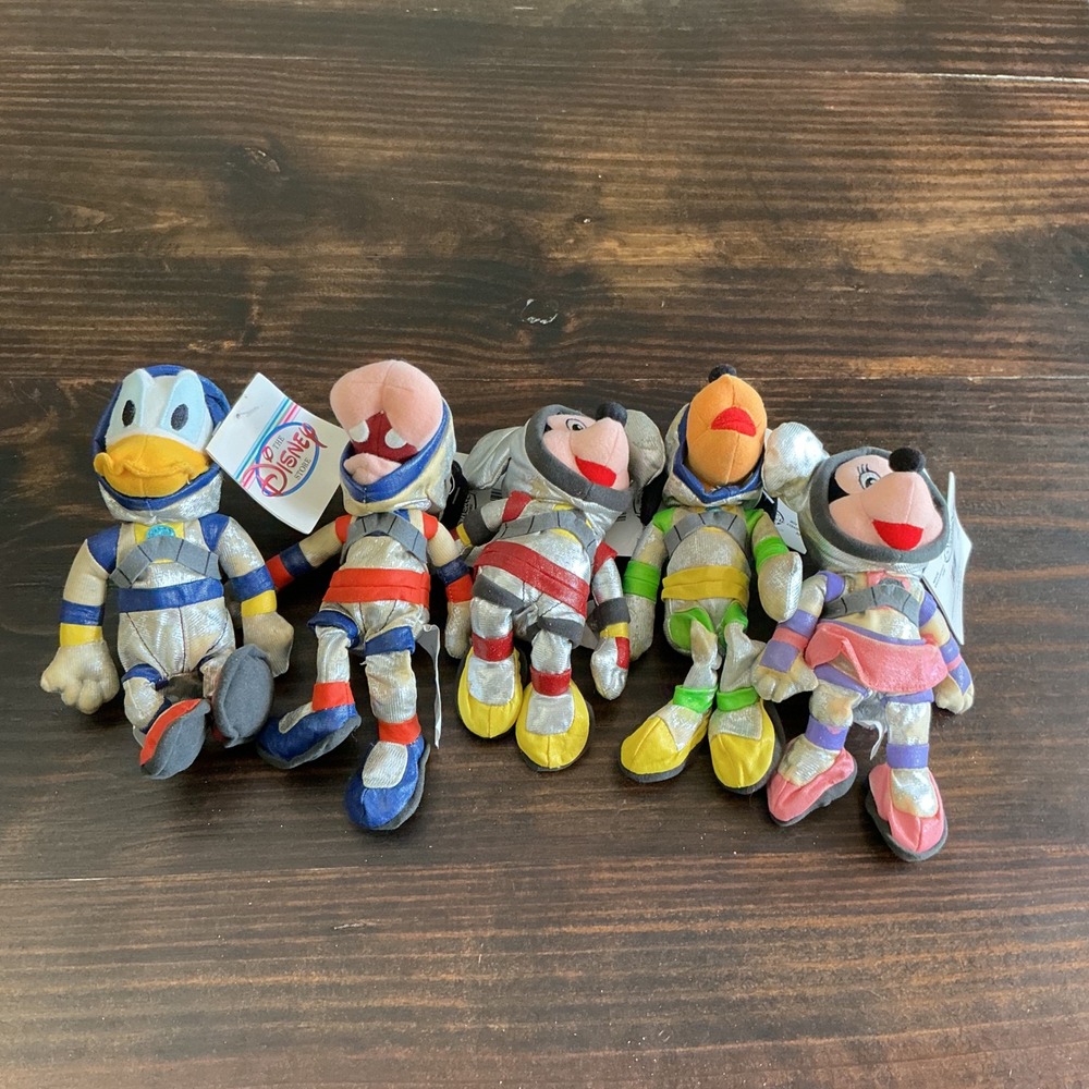 Disney Store Spaceman Bean Bag Plush Set Mickey Minnie Donald Goofy Pluto Flaws